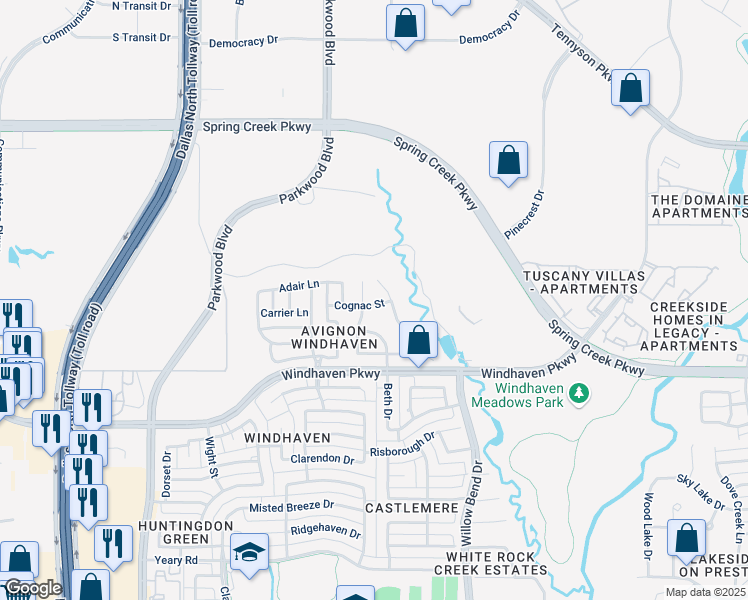 map of restaurants, bars, coffee shops, grocery stores, and more near 6105 Martinique Street in Plano