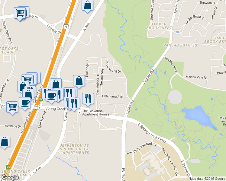 map of restaurants, bars, coffee shops, grocery stores, and more near 2212 Oklahoma Avenue in Plano