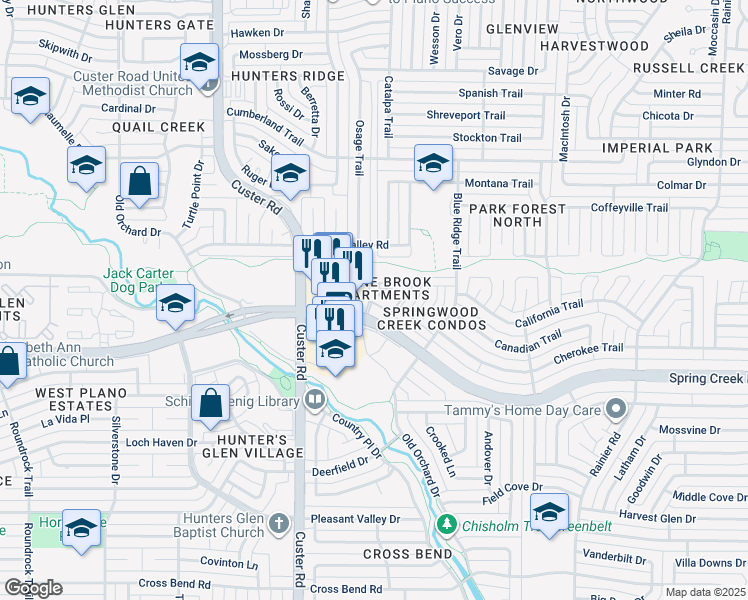 map of restaurants, bars, coffee shops, grocery stores, and more near 1901 West Spring Creek Parkway in Plano