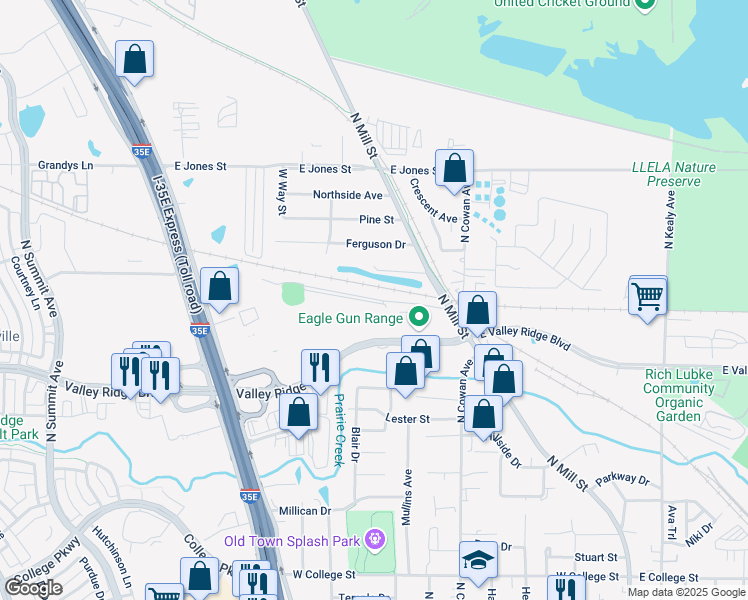 map of restaurants, bars, coffee shops, grocery stores, and more near Whitmore Lane in Lewisville