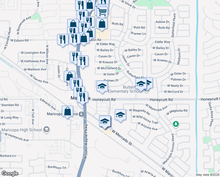 map of restaurants, bars, coffee shops, grocery stores, and more near 44263 West Neely Drive in Maricopa