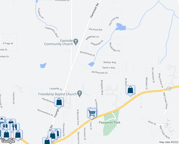 map of restaurants, bars, coffee shops, grocery stores, and more near 134 Northwoods Drive in LaGrange
