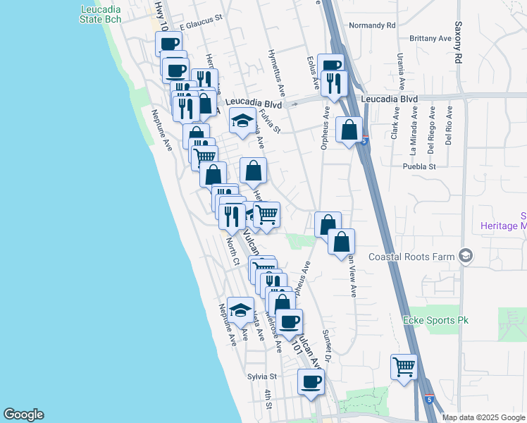map of restaurants, bars, coffee shops, grocery stores, and more near 567 Hermes Avenue in Encinitas