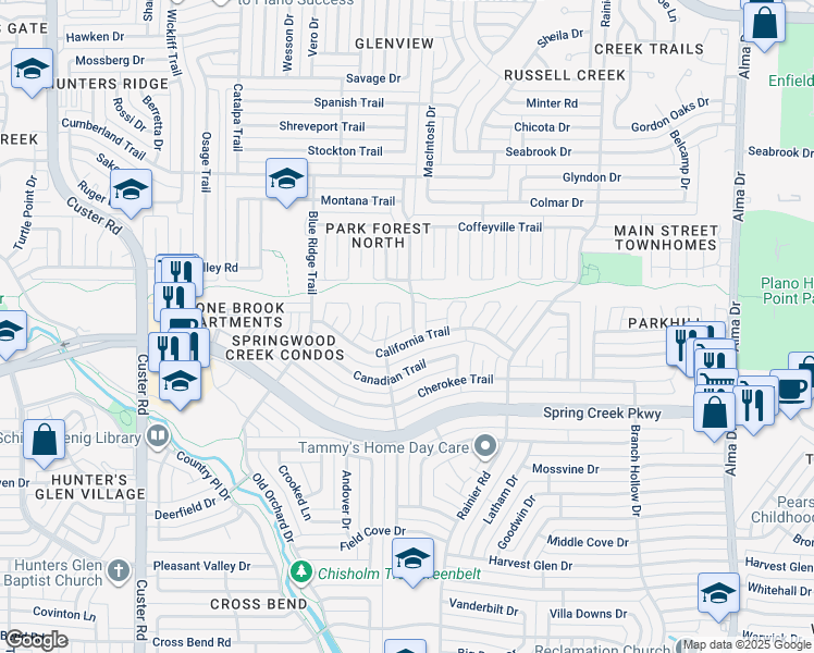 map of restaurants, bars, coffee shops, grocery stores, and more near 6409 Chinaberry Trail in Plano