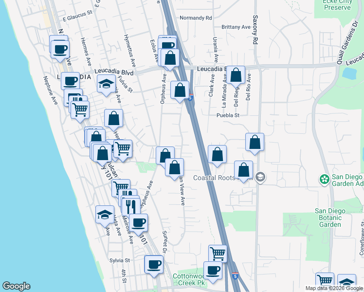 map of restaurants, bars, coffee shops, grocery stores, and more near Ocean View Avenue in Encinitas