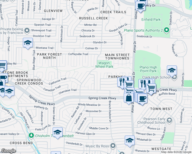 map of restaurants, bars, coffee shops, grocery stores, and more near 6417 Monahans Court in Plano