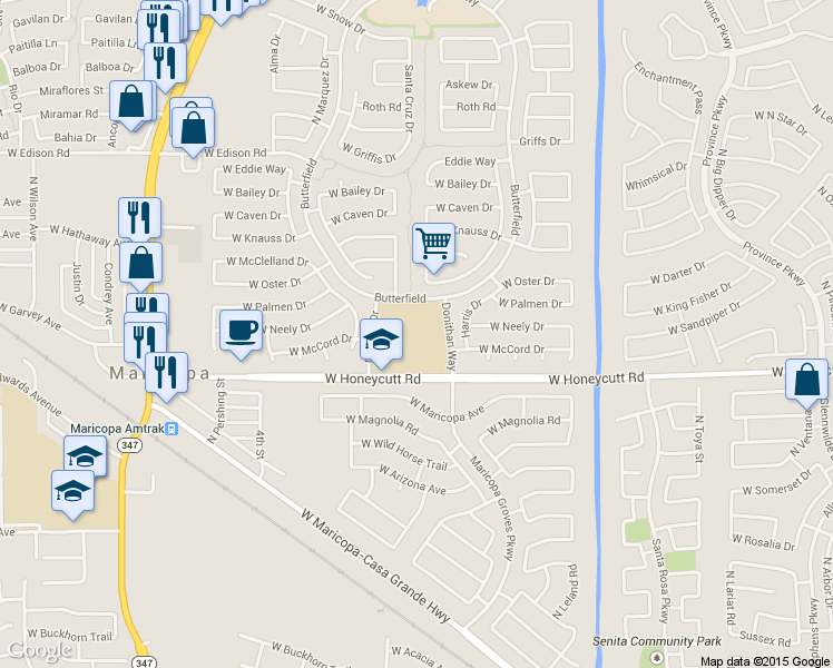 map of restaurants, bars, coffee shops, grocery stores, and more near 43800 W Honeycutt Rd in Maricopa