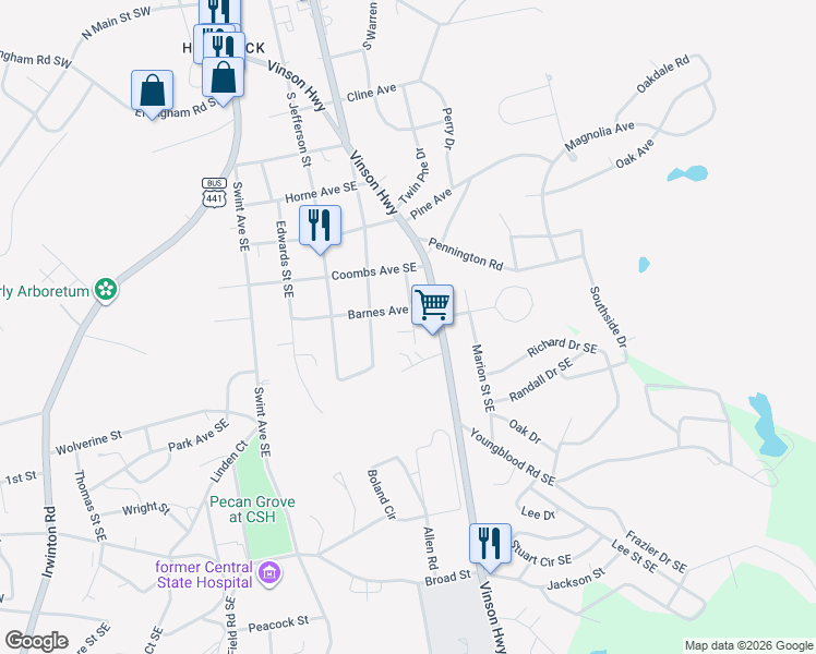 map of restaurants, bars, coffee shops, grocery stores, and more near 109-115 Barnes Ave SE in Milledgeville