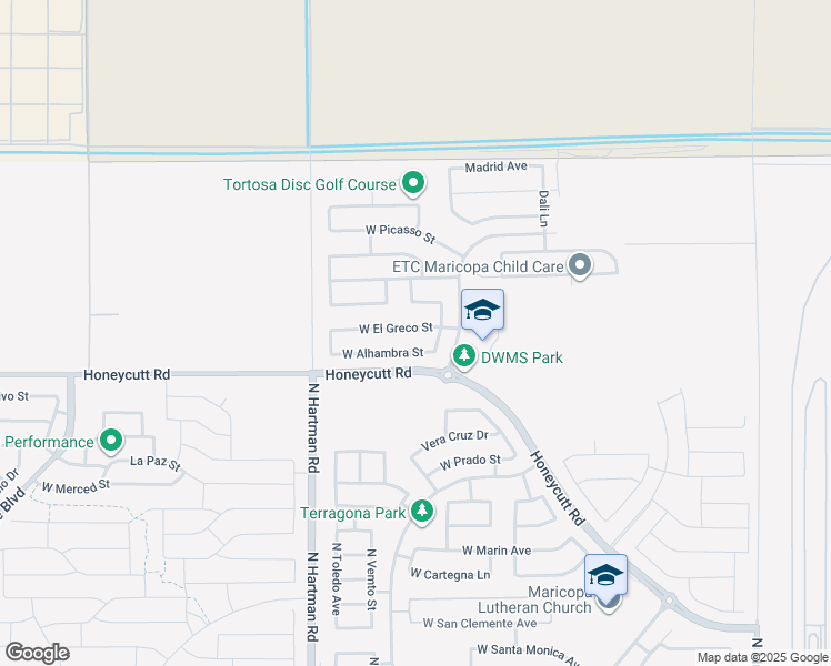 map of restaurants, bars, coffee shops, grocery stores, and more near 36335 West El Greco Street in Maricopa