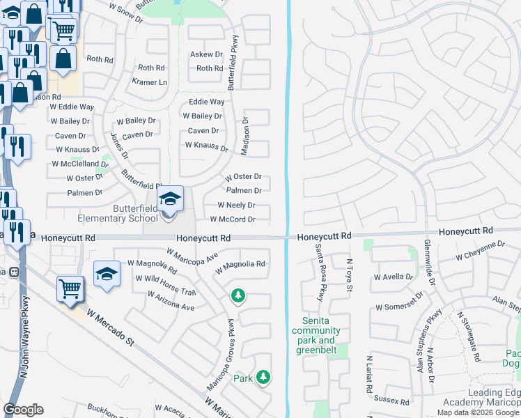 map of restaurants, bars, coffee shops, grocery stores, and more near 43243 West Neely Drive in Maricopa