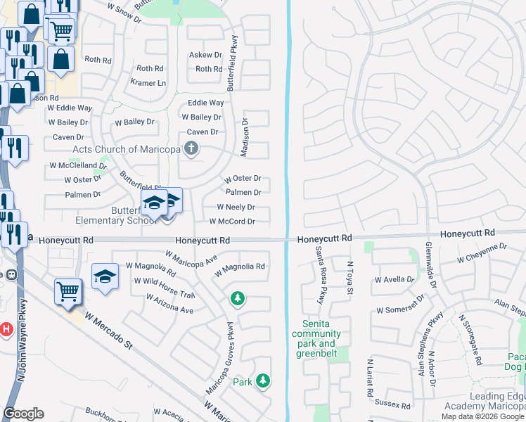 map of restaurants, bars, coffee shops, grocery stores, and more near 43211 Palmen Drive in Maricopa