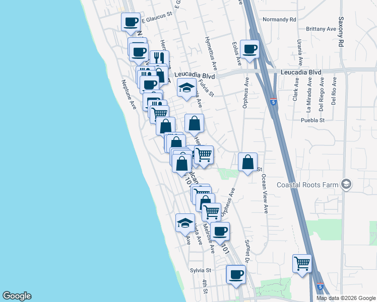map of restaurants, bars, coffee shops, grocery stores, and more near 557 North Vulcan Avenue in Encinitas