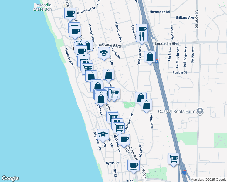 map of restaurants, bars, coffee shops, grocery stores, and more near 567 Hermes Avenue in Encinitas