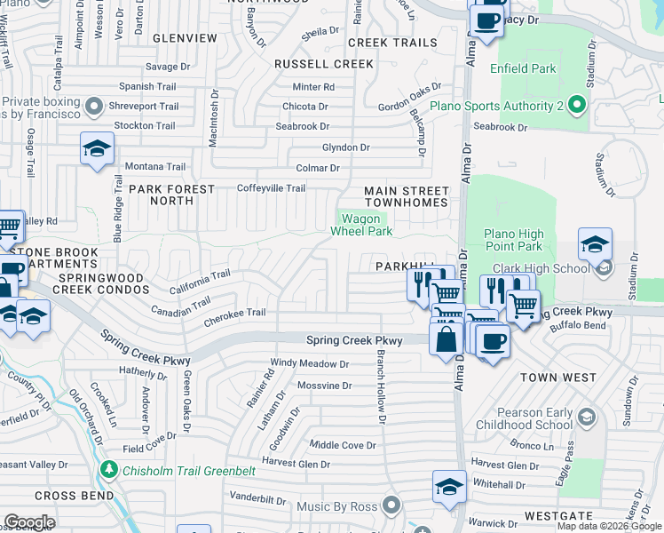 map of restaurants, bars, coffee shops, grocery stores, and more near 6417 Monahans Court in Plano