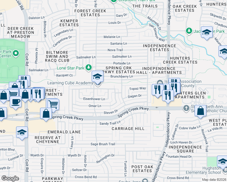 map of restaurants, bars, coffee shops, grocery stores, and more near 6413 Stilwell Road in Plano