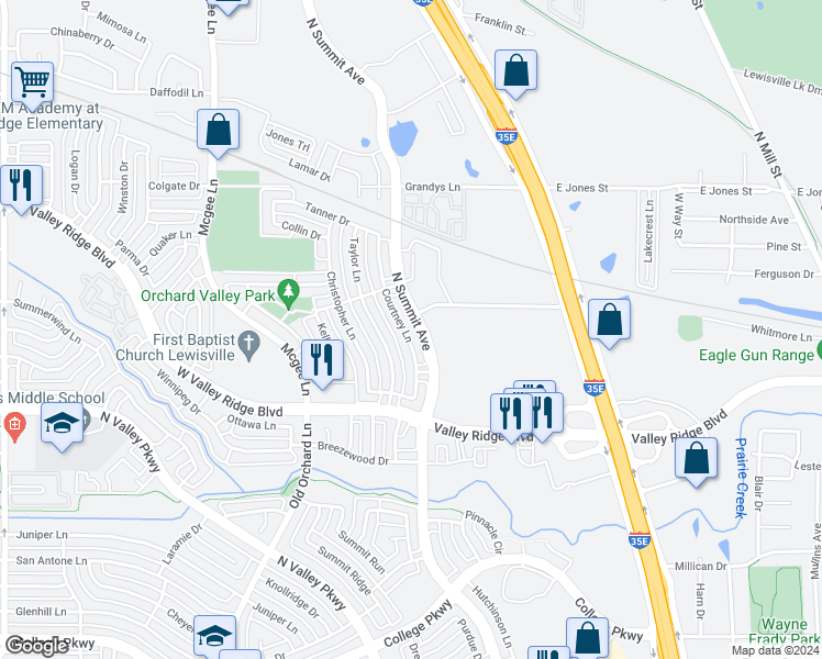 map of restaurants, bars, coffee shops, grocery stores, and more near 1153 Courtney Lane in Lewisville