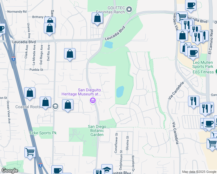 map of restaurants, bars, coffee shops, grocery stores, and more near 623 Quail Gardens Road in Encinitas
