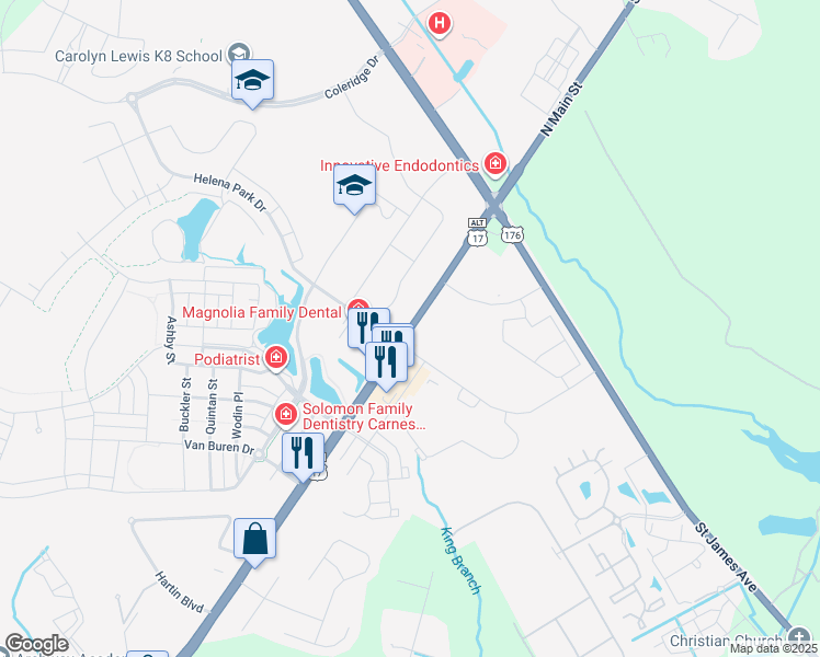 map of restaurants, bars, coffee shops, grocery stores, and more near 2601 North Main Street in Summerville