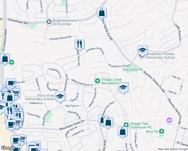 map of restaurants, bars, coffee shops, grocery stores, and more near 2242 Village Center Drive in Encinitas
