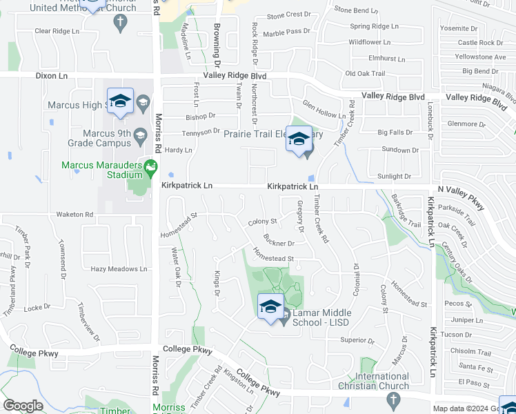 map of restaurants, bars, coffee shops, grocery stores, and more near 5411 Buckner Court in Lewisville