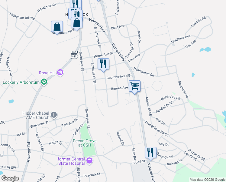 map of restaurants, bars, coffee shops, grocery stores, and more near 129 Barnes Avenue Southeast in Milledgeville