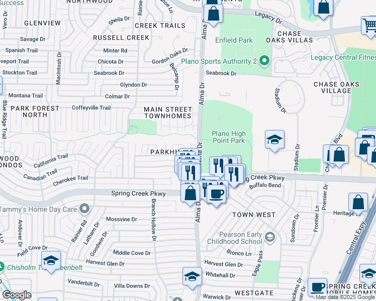 map of restaurants, bars, coffee shops, grocery stores, and more near 6417 Tyler Court in Plano