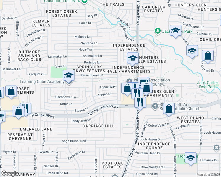 map of restaurants, bars, coffee shops, grocery stores, and more near 3217 Topaz Way in Plano