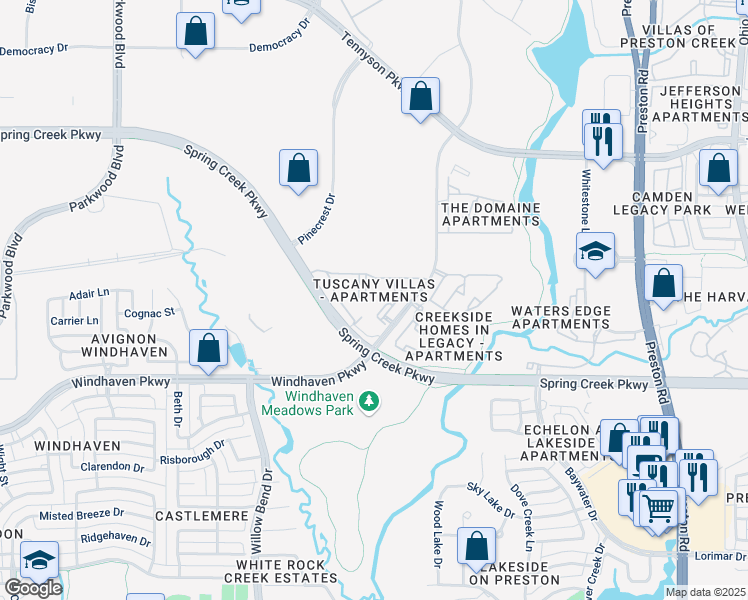 map of restaurants, bars, coffee shops, grocery stores, and more near 5301 West Spring Creek Parkway in Plano