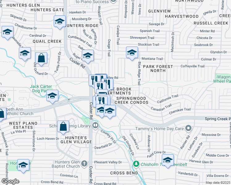 map of restaurants, bars, coffee shops, grocery stores, and more near 2011 West Spring Creek Parkway in Plano