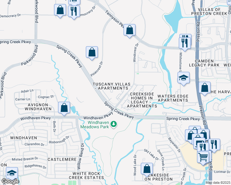 map of restaurants, bars, coffee shops, grocery stores, and more near 5301 West Spring Creek Parkway in Plano
