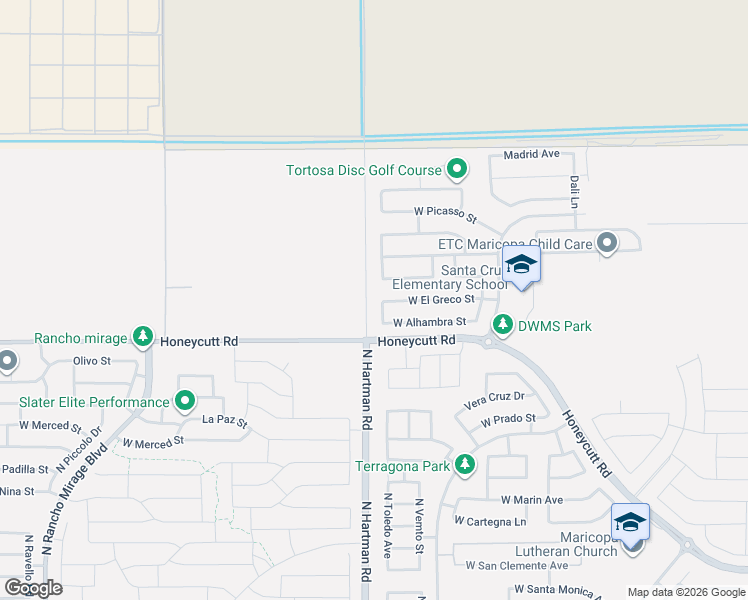 map of restaurants, bars, coffee shops, grocery stores, and more near 36645 West Bilbao Street in Maricopa