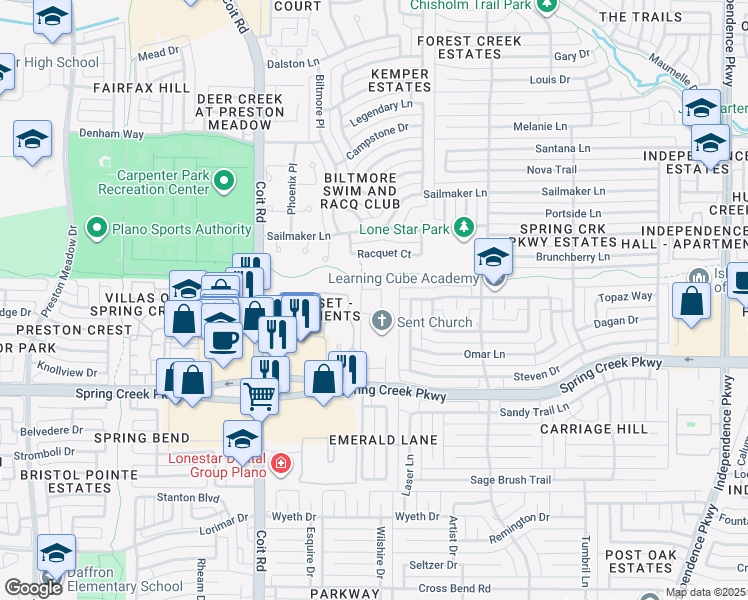 map of restaurants, bars, coffee shops, grocery stores, and more near 6400 Cheyenne Trail in Plano