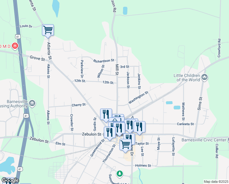 map of restaurants, bars, coffee shops, grocery stores, and more near 108 12th Street in Barnesville