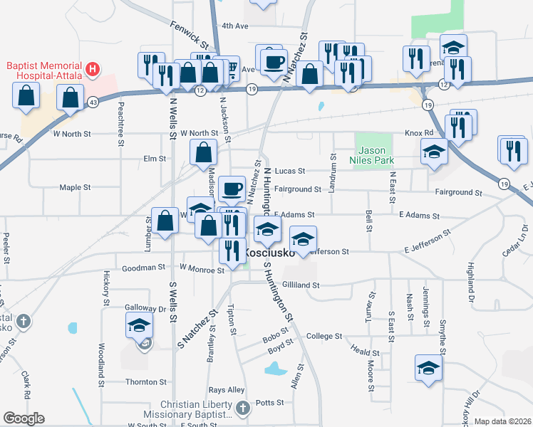 map of restaurants, bars, coffee shops, grocery stores, and more near 305 North Huntington Street in Kosciusko