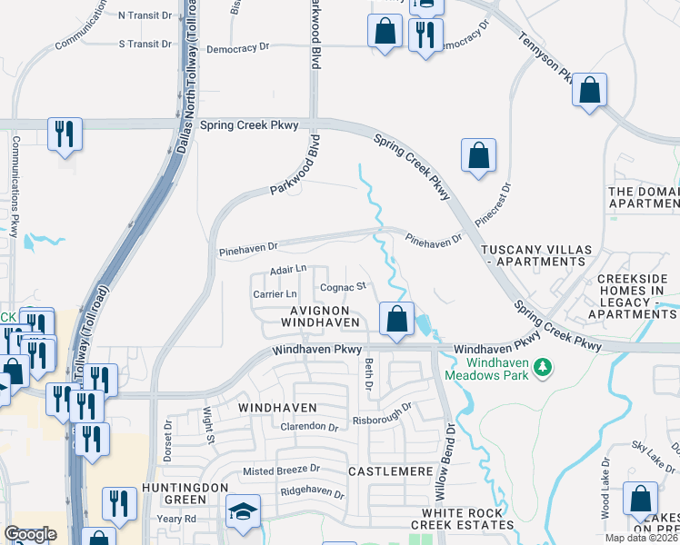 map of restaurants, bars, coffee shops, grocery stores, and more near 6217 Monte Cristo Lane in Plano
