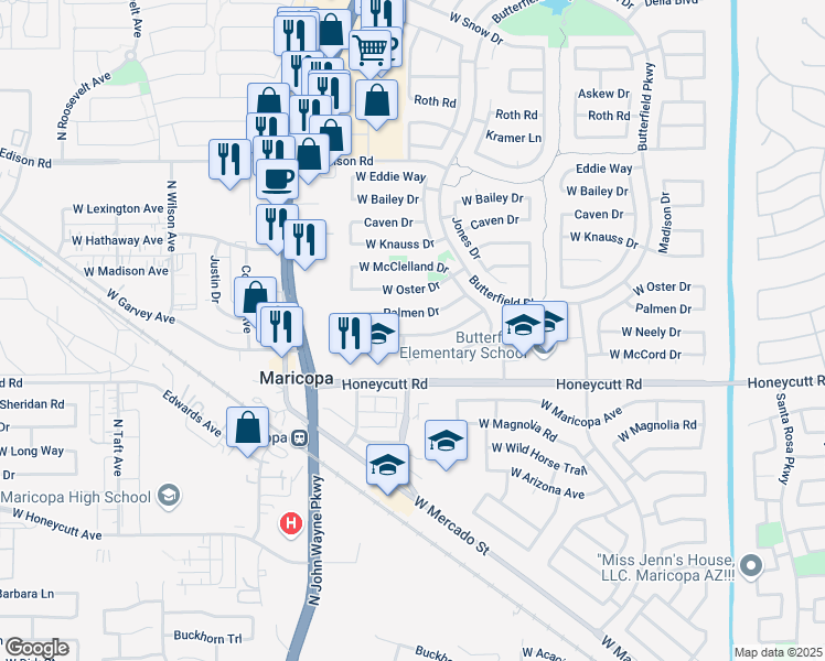 map of restaurants, bars, coffee shops, grocery stores, and more near 44248 West Neely Drive in Maricopa