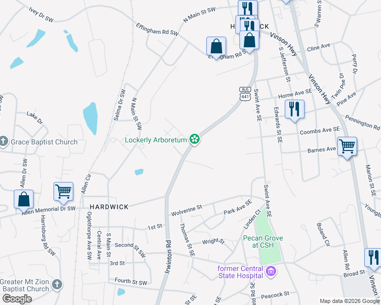 map of restaurants, bars, coffee shops, grocery stores, and more near 1615 Irwinton Road in Milledgeville