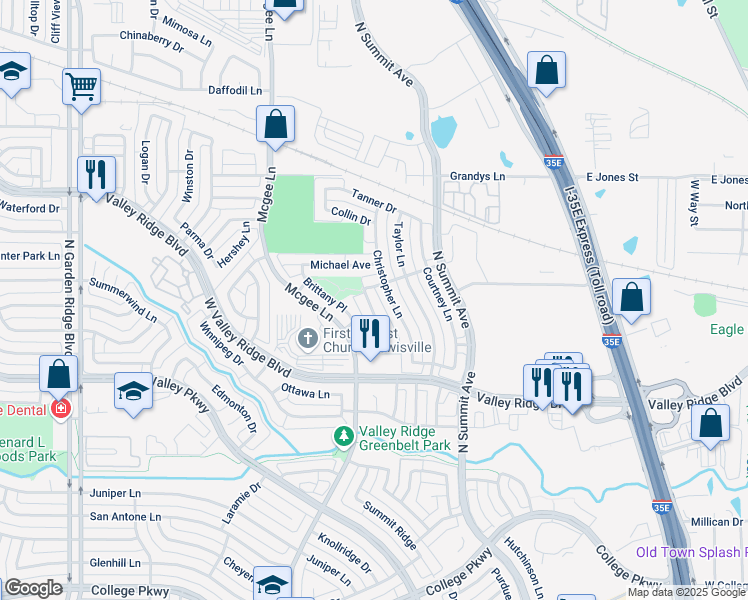 map of restaurants, bars, coffee shops, grocery stores, and more near 1157 Kelly Lane in Lewisville