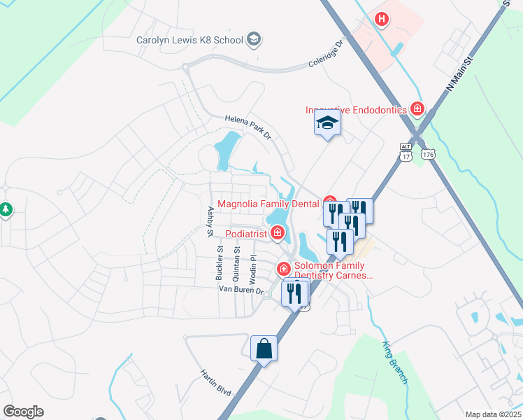 map of restaurants, bars, coffee shops, grocery stores, and more near 130 Callibluff Drive in Summerville