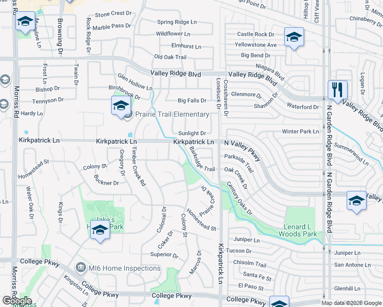 map of restaurants, bars, coffee shops, grocery stores, and more near 5429 Barkridge Trail in Flower Mound