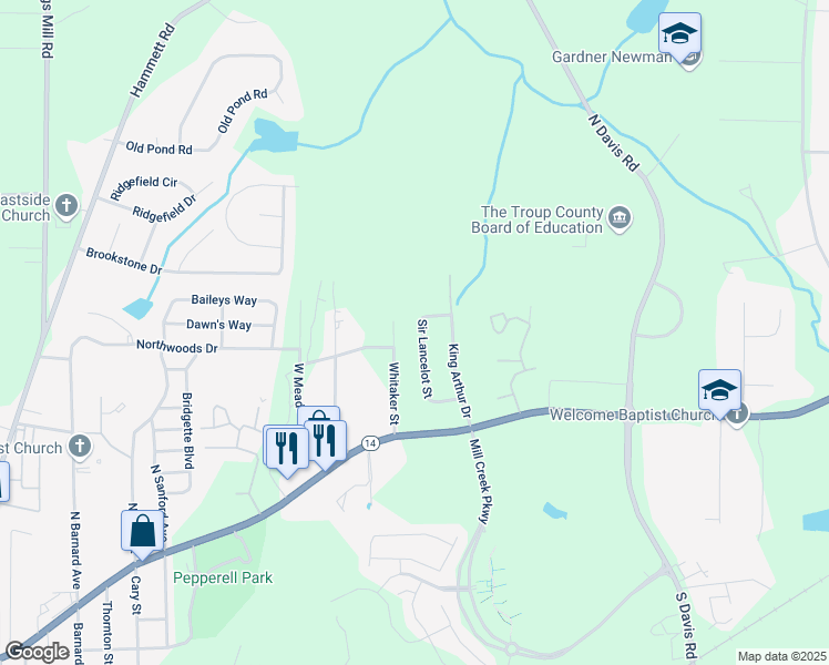 map of restaurants, bars, coffee shops, grocery stores, and more near 119 Sir Lancelot Street in LaGrange