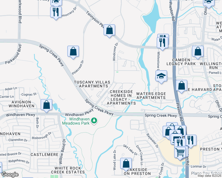 map of restaurants, bars, coffee shops, grocery stores, and more near 6308 Windcrest Drive in Plano