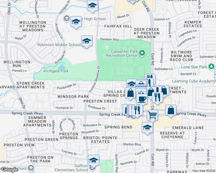 map of restaurants, bars, coffee shops, grocery stores, and more near 6408 Meadowview Court in Plano