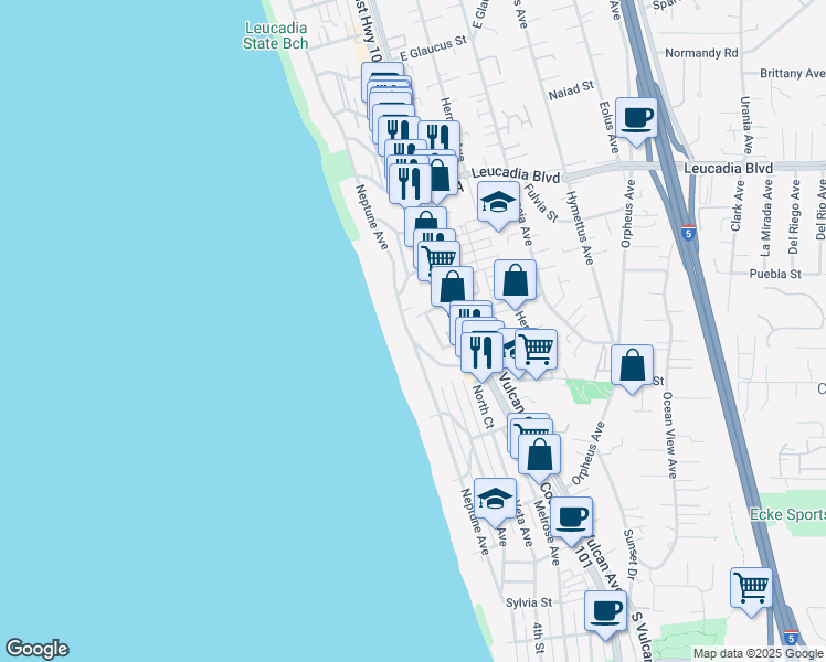 map of restaurants, bars, coffee shops, grocery stores, and more near 149 Basil Street in Encinitas