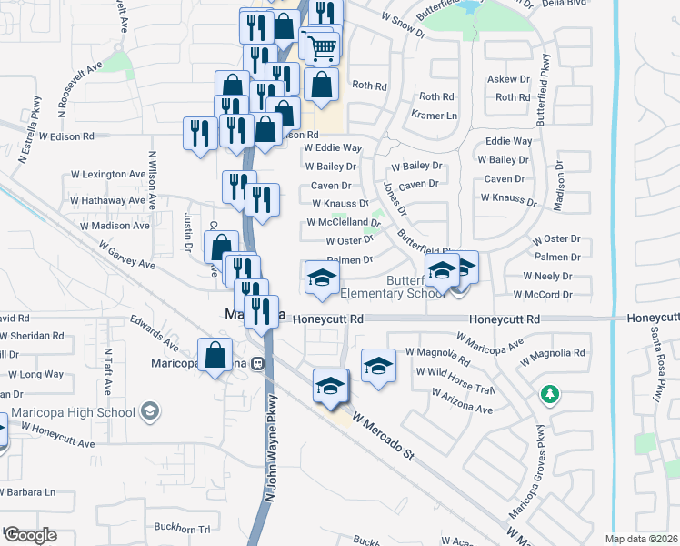 map of restaurants, bars, coffee shops, grocery stores, and more near 44333 Palmen Drive in Maricopa