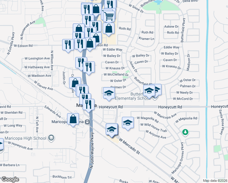 map of restaurants, bars, coffee shops, grocery stores, and more near 44333 Palmen Drive in Maricopa