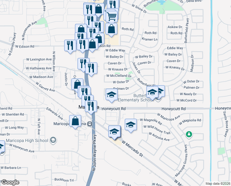 map of restaurants, bars, coffee shops, grocery stores, and more near 44333 Palmen Drive in Maricopa