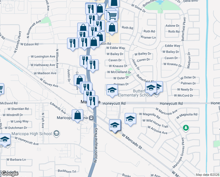 map of restaurants, bars, coffee shops, grocery stores, and more near 44459 Palmen Drive in Maricopa