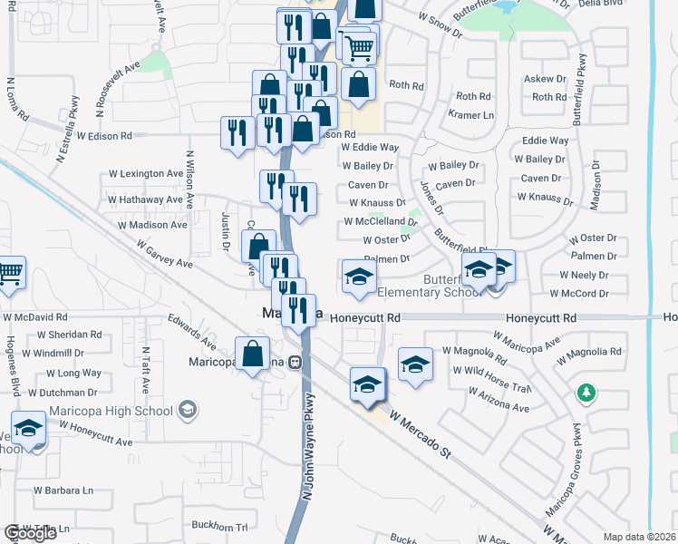 map of restaurants, bars, coffee shops, grocery stores, and more near 44459 Palmen Drive in Maricopa