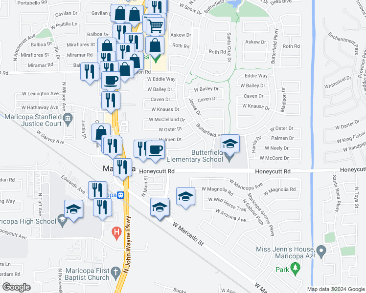 map of restaurants, bars, coffee shops, grocery stores, and more near 44152 West Neely Drive in Maricopa